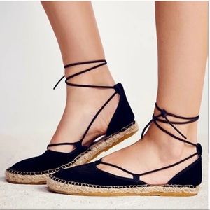 Free People Marina Black Suede Lace Up Tie Espadrille Sandals SZ 36